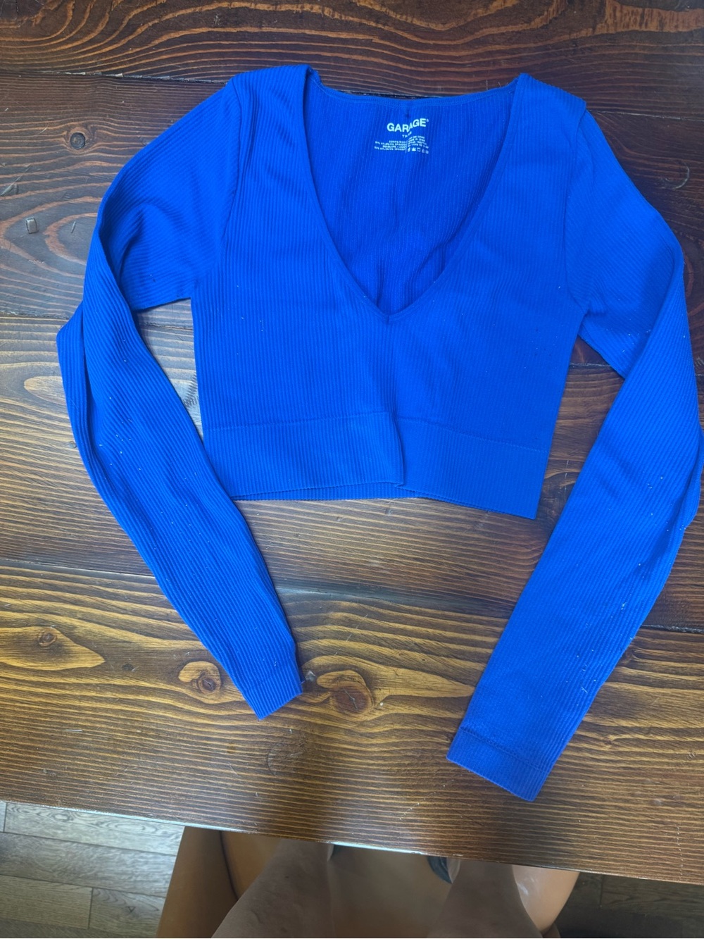 Garage Cobalt Blue Ribbed V-Neck Long Sleeve Crop Top